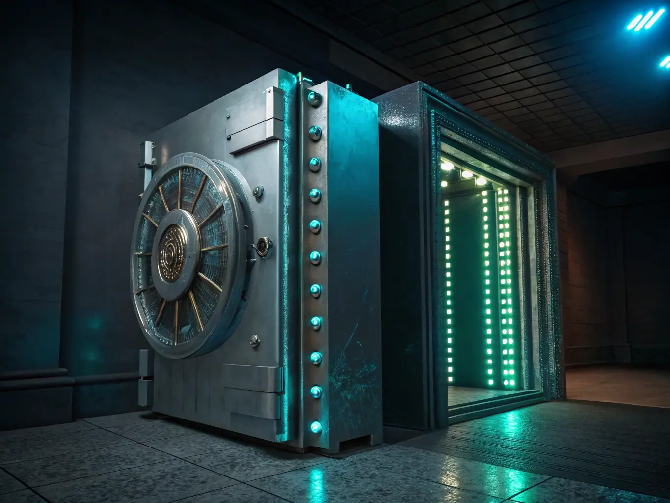 An image depicting a secure digital vault with recovered cryptocurrencies and legal documents, representing ScopeSightAI's Fund Recovery service.