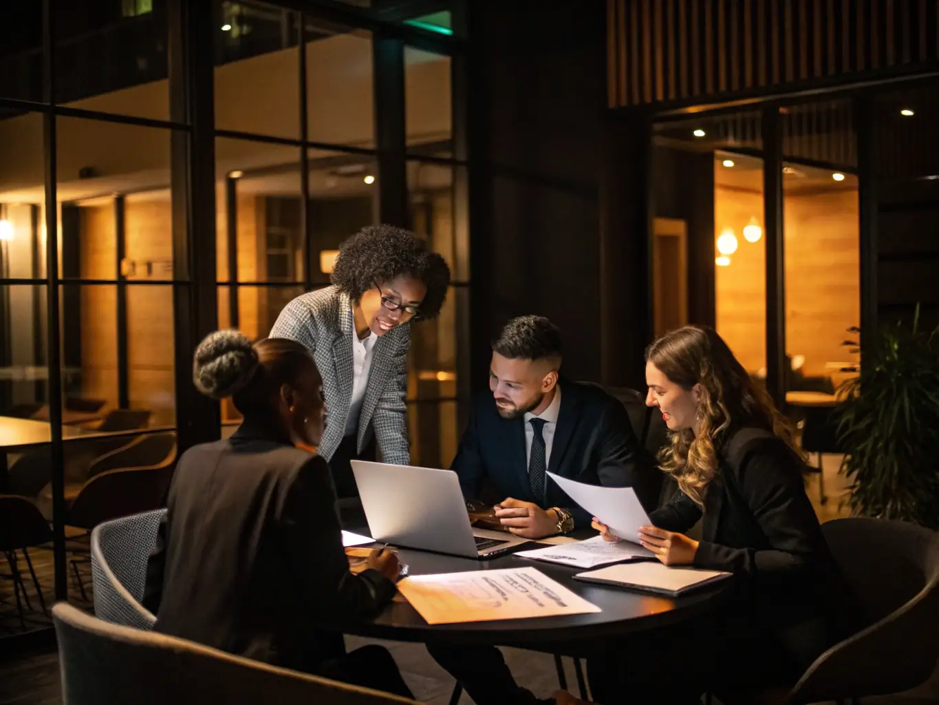 An image depicting a team of legal experts and blockchain analysts collaborating in a modern office setting, emphasizing ScopeSightAI's expert support.