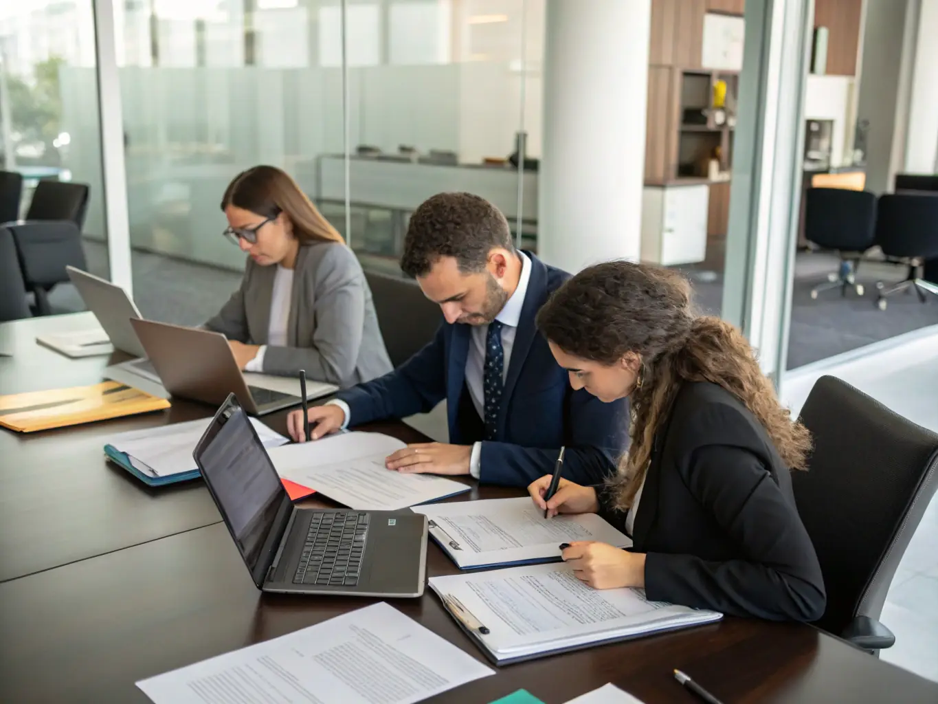 A professional image of a legal team working diligently with blockchain analytics tools in a modern office setting, representing ScopeSightAI's commitment to legal excellence.